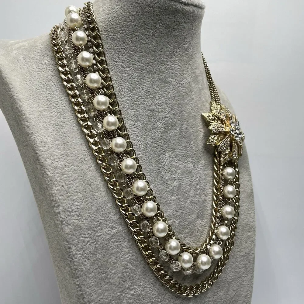 Amazing Gold Tone Fax Pearl Glass Rhinestone Flower Layered Chain Necklace